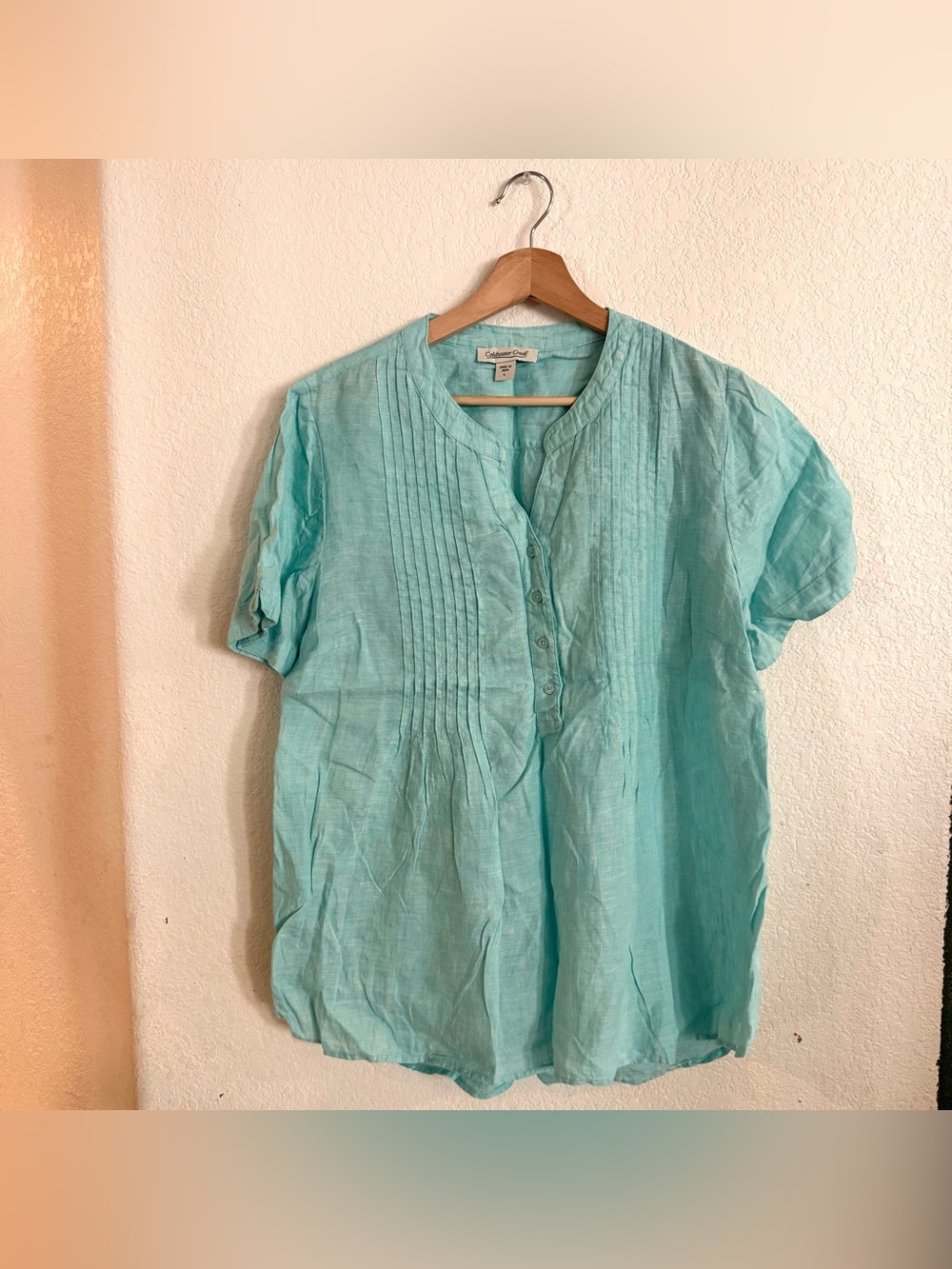 Coldwater Creek Womens Shirt Blouse Turquoise Pleated Short Sleeve Size Large